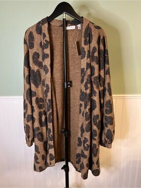NEW- Susan Graver Leopard-Print Open Cardigan w/Pockets - Brown & Black. Size M